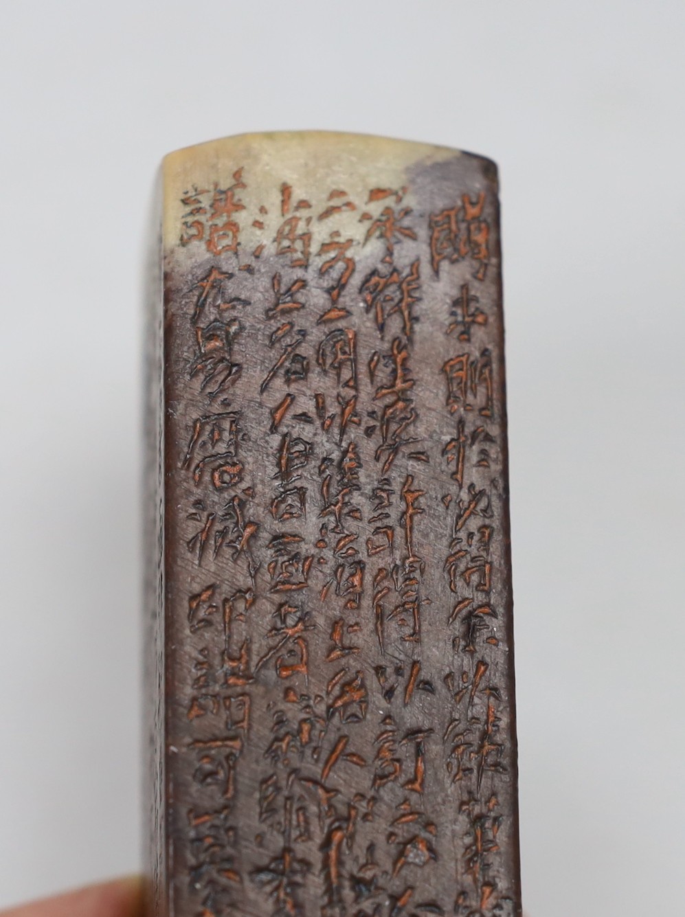 Two Chinese soapstone inscribed seals, 12cm